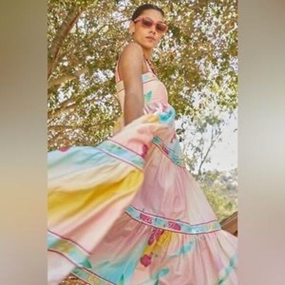 HUNTER BELL Multicolored Floral Rita Gradient Empire Waist Flowy Midi Dress XS - Picture 1 of 13